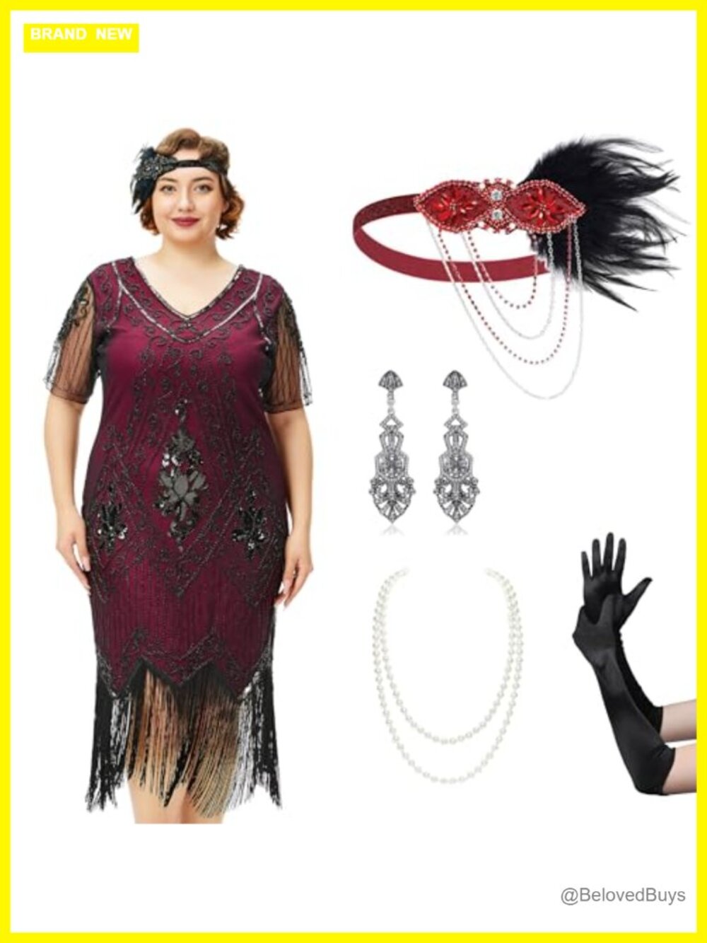 1920s Flapper Costume Dress Set Sequin Beaded V Neck Knee Length